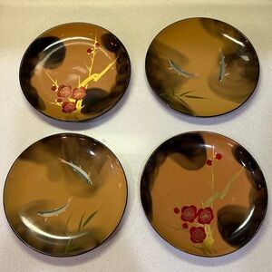 Vintage Japanese Black Lacquerware Plates Set Of 4 Hand Painted 5 1/2”